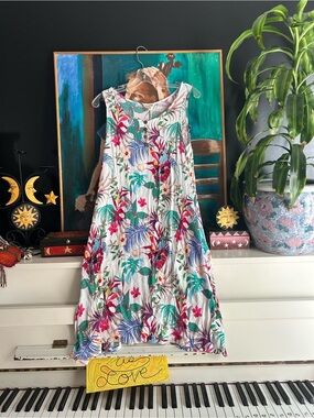 Water Lily Tropical Floral Rayon Sleeveless Swing Dress Women’s Large Boho Midi
